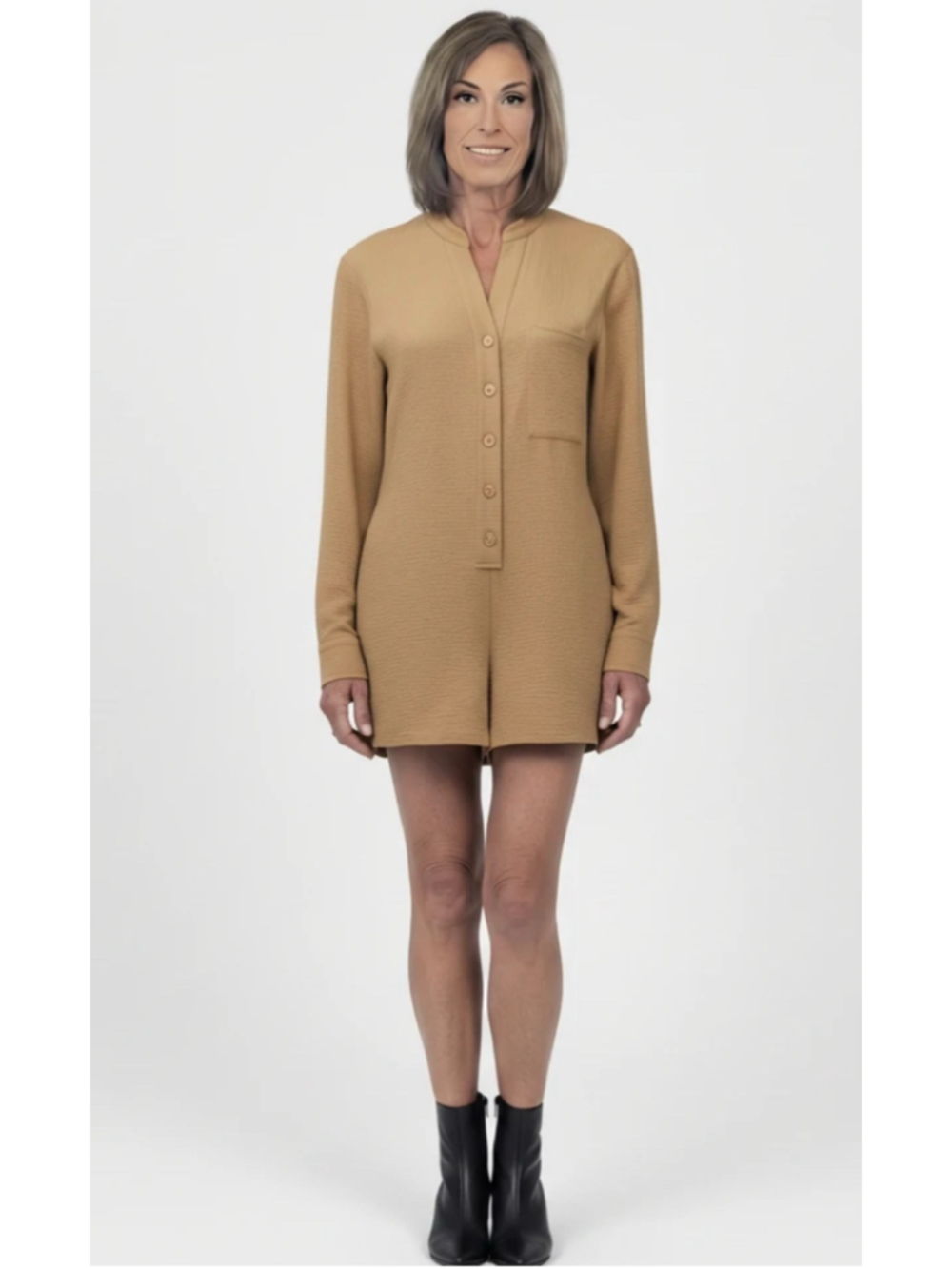 Onia Crinkle Button Down Romper, Tan, M, NWT